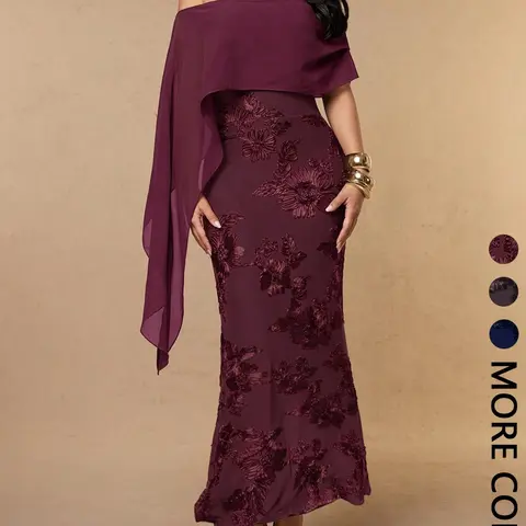 Women's Off-the-Shoulder Evening Gown, Flowy Cape Sleeve, Floral Embroidery, Elegant Bodycon Dress for Wedding Guest, Banquet and Formal Occasions, Formal Gowns