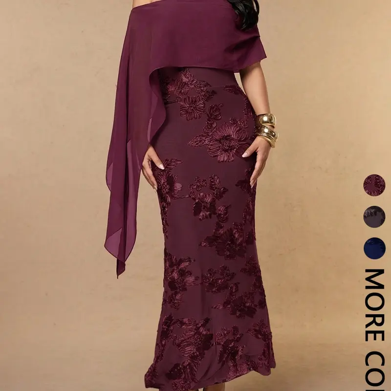 Women's Off-the-Shoulder Evening Gown, Flowy Cape Sleeve, Floral Embroidery, Elegant Bodycon Dress for Wedding Guest, Banquet and Formal Occasions, Formal Gowns