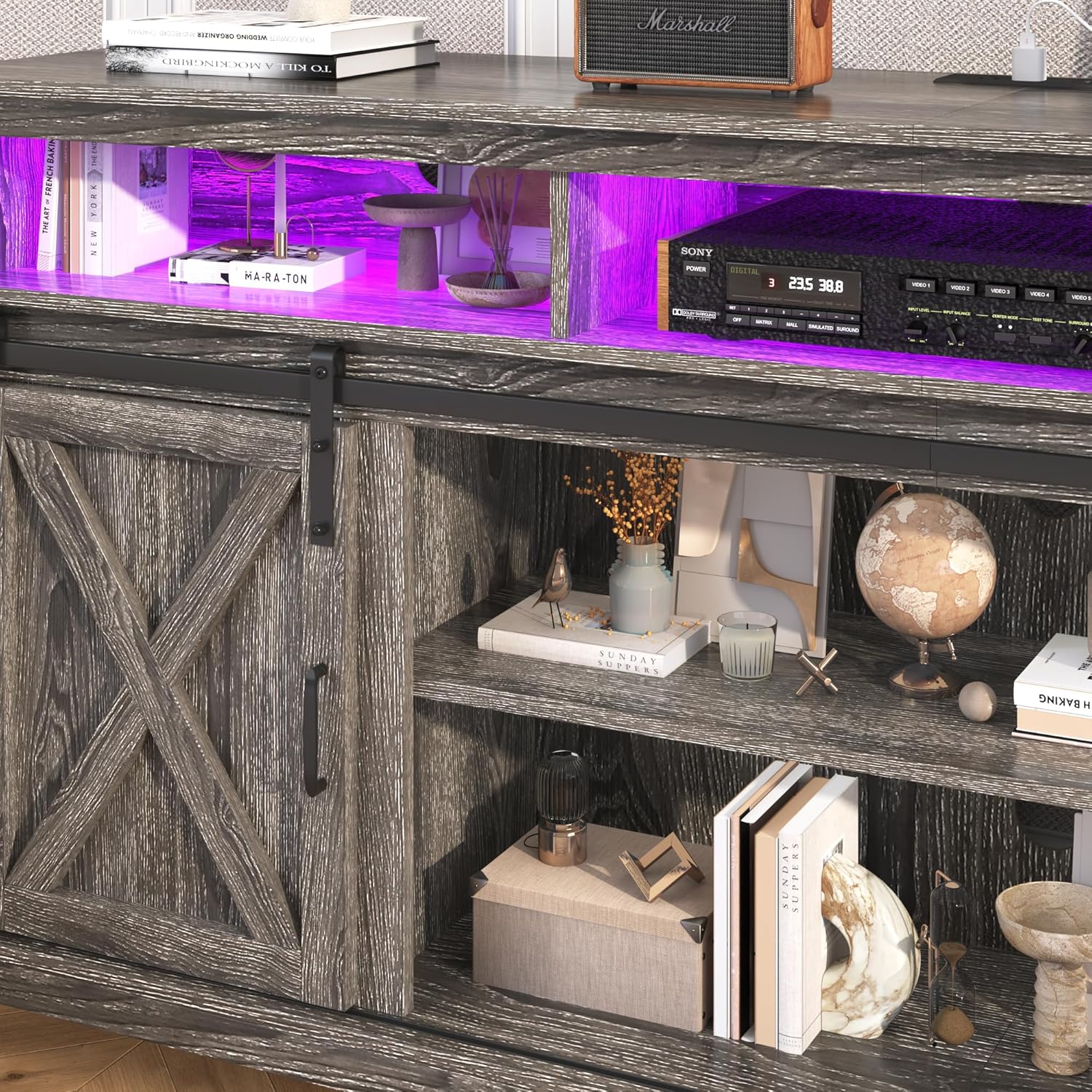 57/70/80.7in Wooden Farmhouse Entertainment Center for 90/85/80/75 inch TV,Double Layer Storage Farmhouse TV Stand,Double-Row Sockets with Wood Sliding Barn Door TV Stand (Brown/grey/white/Rustic Brown)