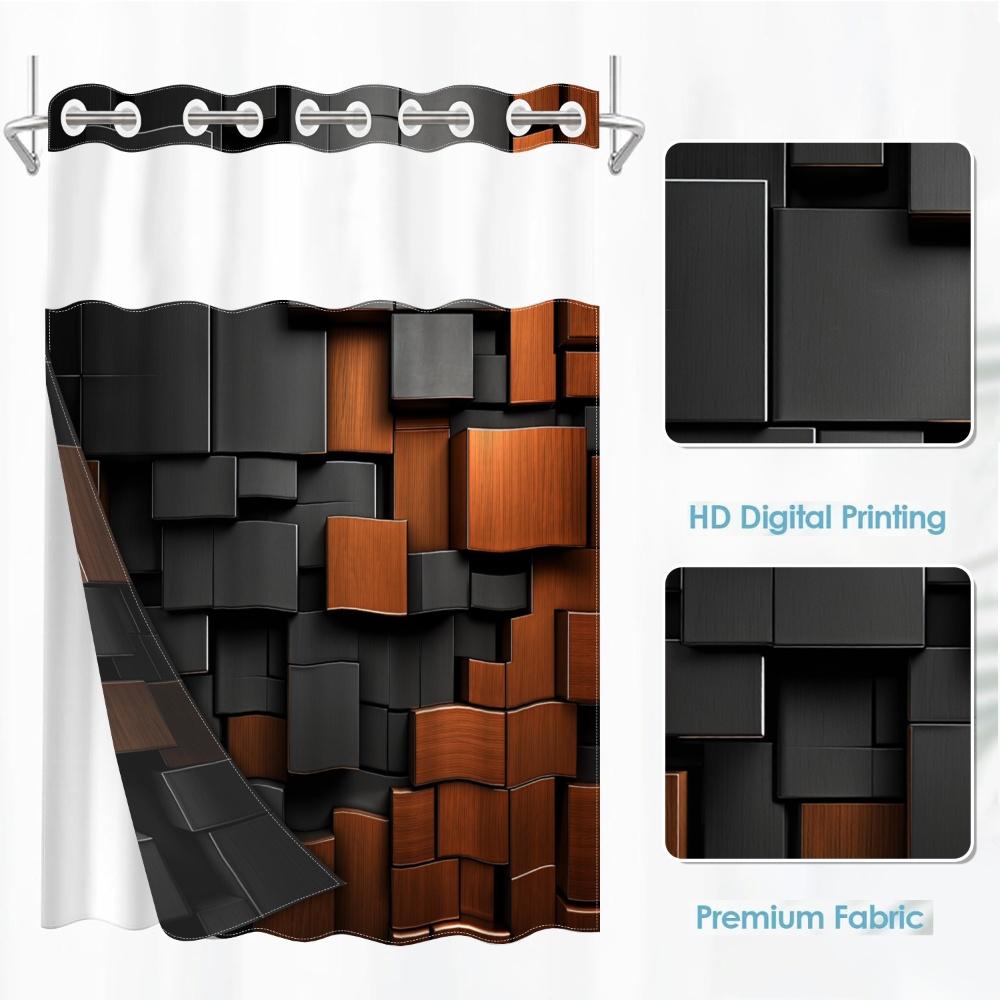 1pc hookless shower curtain with buckle lining, black and orange 3D square patchwork design, 2D flat printing, waterproof fabric lining, see-through double-layer shower curtain, 71 x 74 inches, modern home draping curtain.