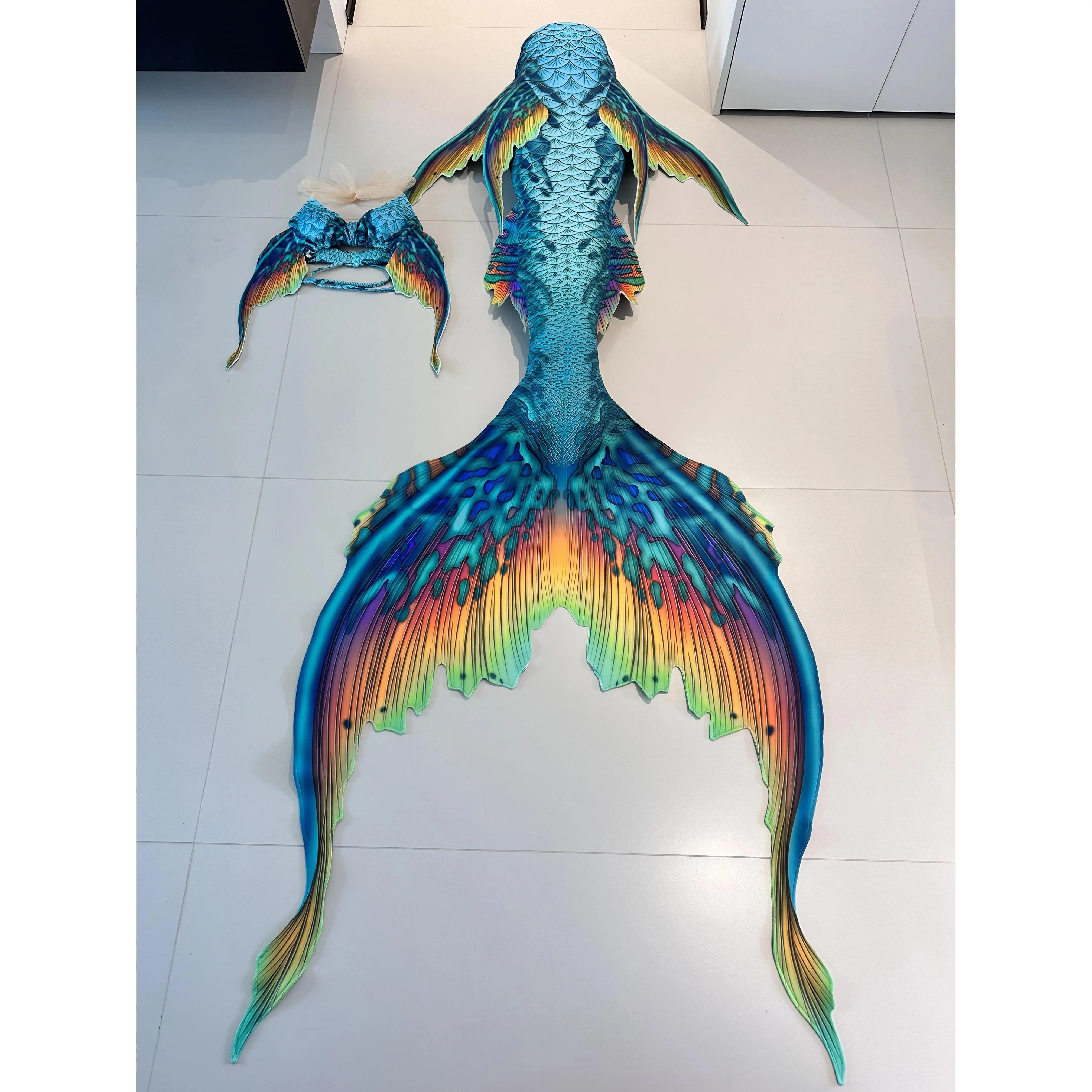 Colorful Gradient Mermaid Tail Thickened Dorsal Fin Fish Tail Underwater Performance Suit, Oceanarium Cosplay Performance Suit