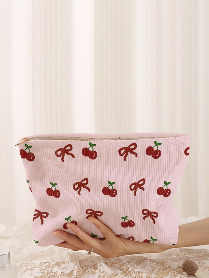 Cherry & Bow Pattern Makeup Bag, Lightweight Multi-functional Fashion Makeup Bag, Casual Travel Makeup Bag, Cute Clutch, Suitable for Leisure Travel and Various Occasions