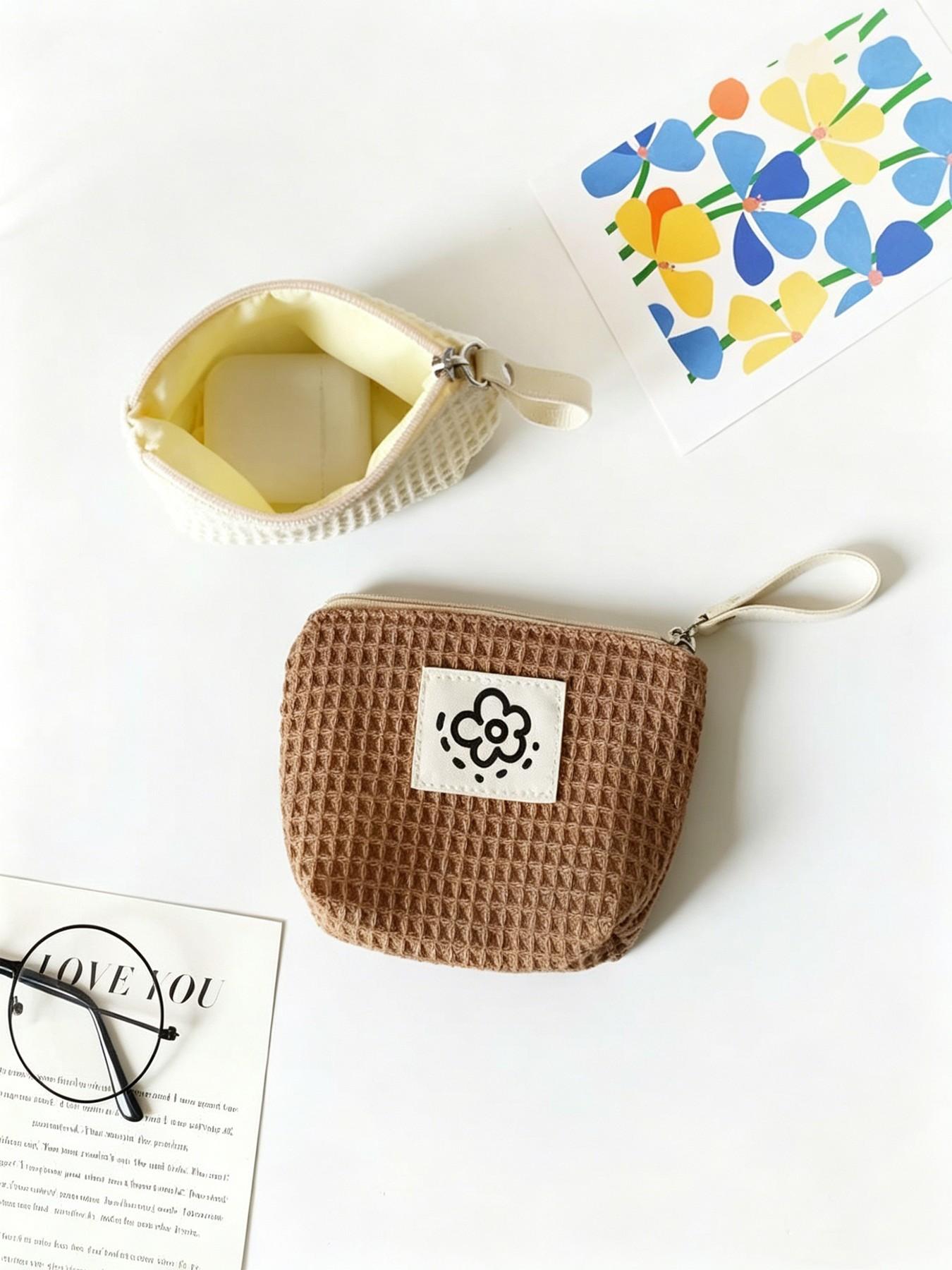 Cute Sunflower Weave Mini Zipper Pouch, Floral Patch Small Cosmetic Bag, Makeup Bags, Portable Coin Purse for Lipstick, Cards & Keys, Soft Cotton Travel Organizer, Travel Essentials Makeup Pouch