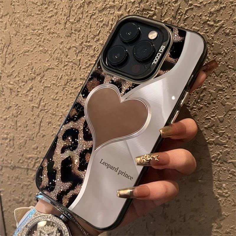 Leopard Heart Patchwork Hard Case Protection Phone Cover Accessories, Compatible with iPhone 17 Pro Max, 17 Air, iPhone 16-11 Pro Max, X, XR, XS Max, 7, 8 Plus, Se