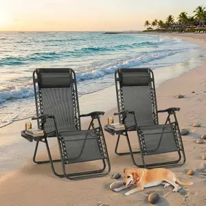 2PC Folding Zero Gravity Chaise Lounge, Outdoor Reclining Sun Tanning Chair with Pillow, Cup Holder, Steel Frame & Breathable Mesh, Portable Lounge Chair for Beach Yard Patio Poolside Garden