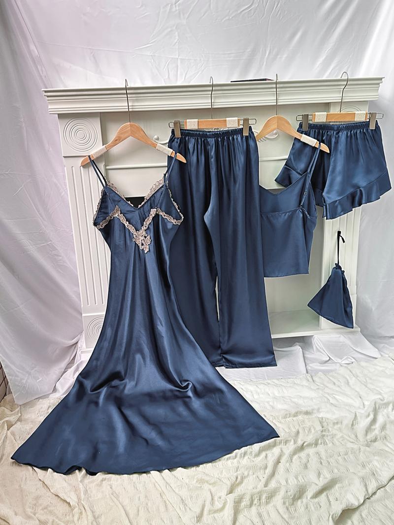 Women's Soft Satin Pyjama Set, Contrast Lace Cami Nightdress & Backless Cami Top & Tie Front Ruffle Hem Shorts & Pants & Storage Bag, Ladies Summer Outfits 2024