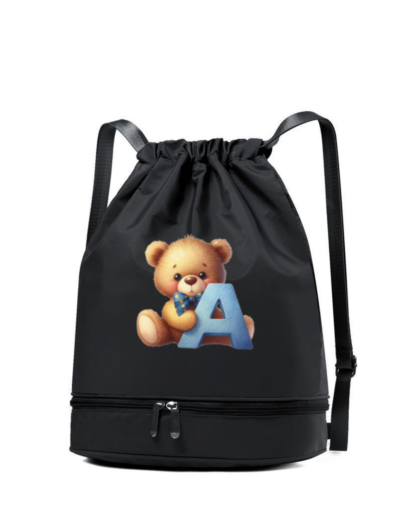 Cute Bear Letter a Pattern Backpack, Lightweight Durable Nylon, Independent Shoe Compartment, Multiple Colors, Fashionable Cartoon Bag