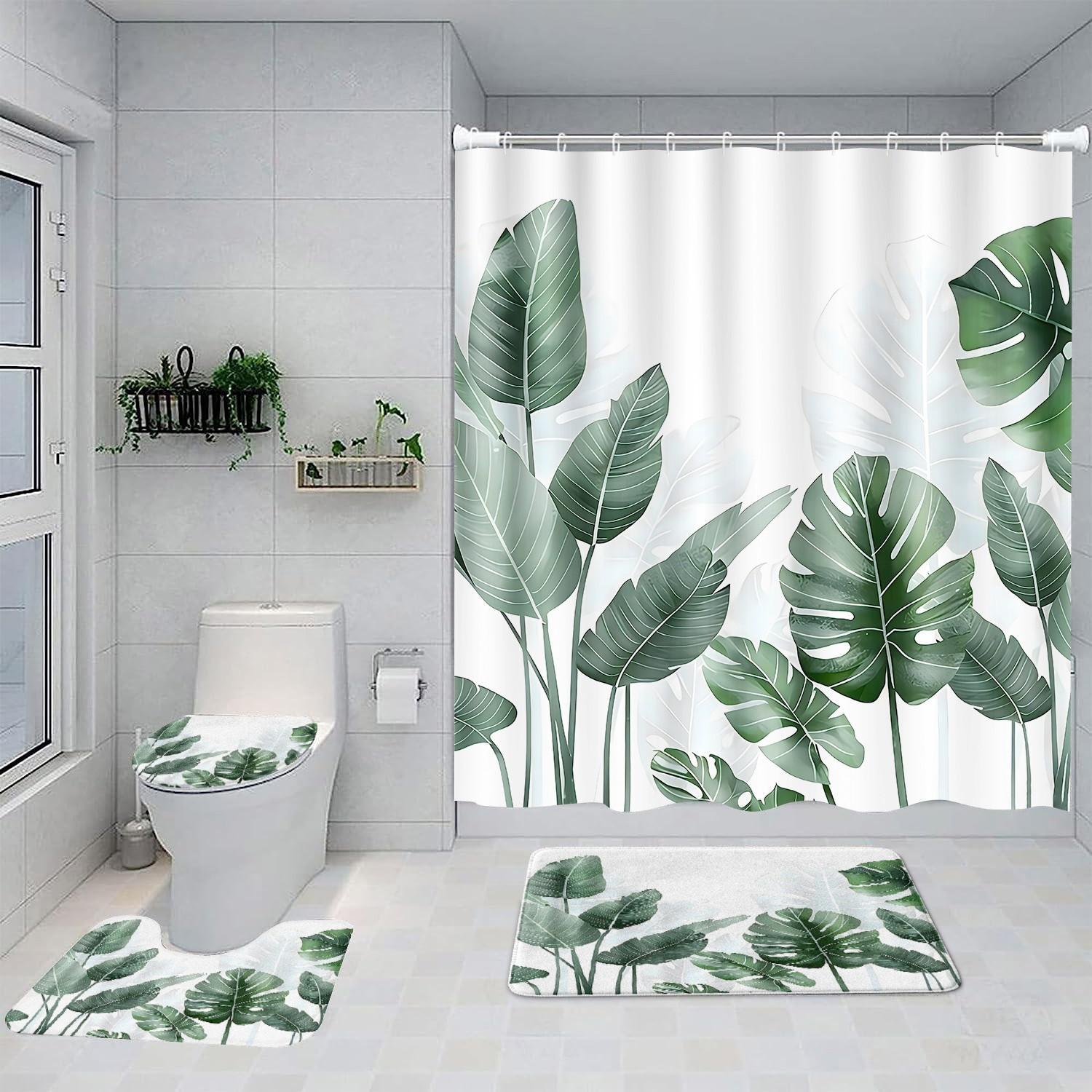 [Popular Choice]1pc/4pcs, bathroom curtains shower, shower curtain set, shower curtains, bathroom decor,bathroom rug, home decoration, bath mat, tortoise shell bamboo pattern, tropical plant theme decoration, with 12 hooks.