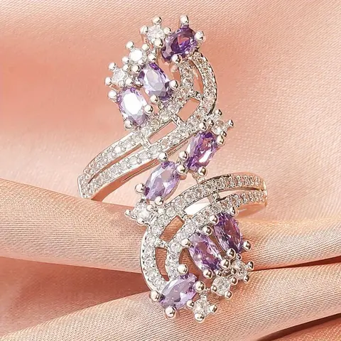 Women's 1pc Elegant Fashion Ring - Shiny Stones Amethyst Zirconia with Metal Coating & Rhinestones, Bridesmaid Wedding Jewelry, Anniversary Gift