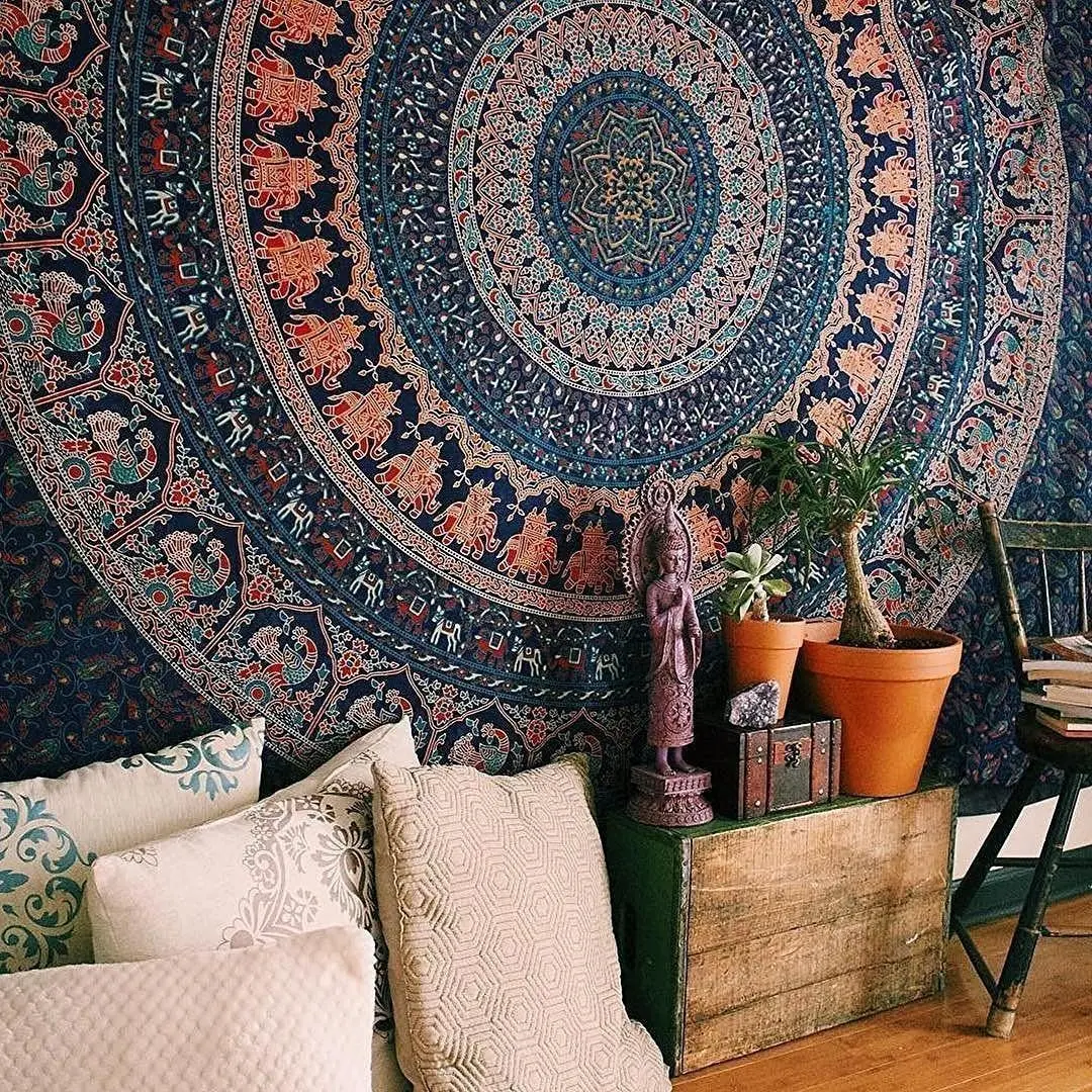 Popular Handicrafts Tapestry Wall Hanging Hippie Mandala Bohemian Hippy Psychedelic Design Indian Indian Magical Tapestries Bedspread 90 x 108 Inches Navy Blue