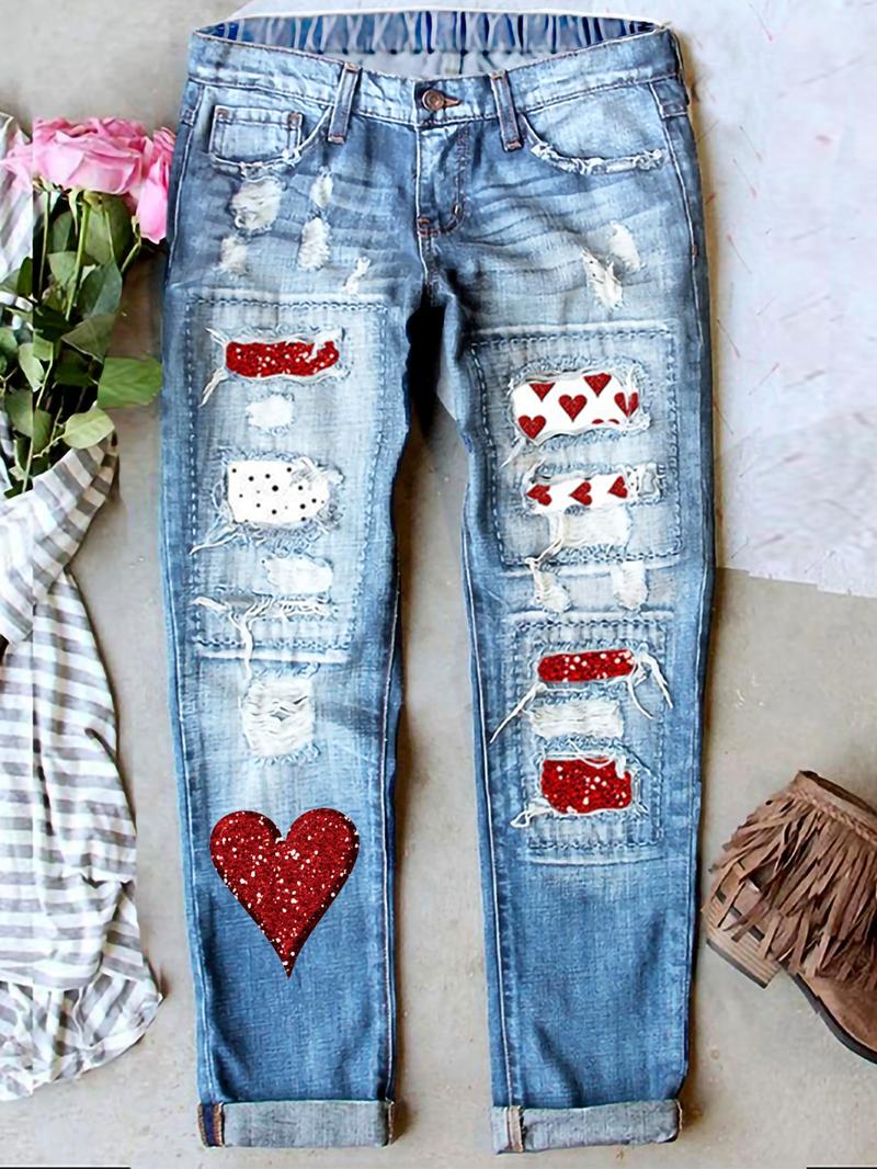 Women’s Ripped Patch Boyfriend Jeans with Multiple Cute Prints Loose Washed Denim Mid-Waist Elastic Waist Breathable & Comfy