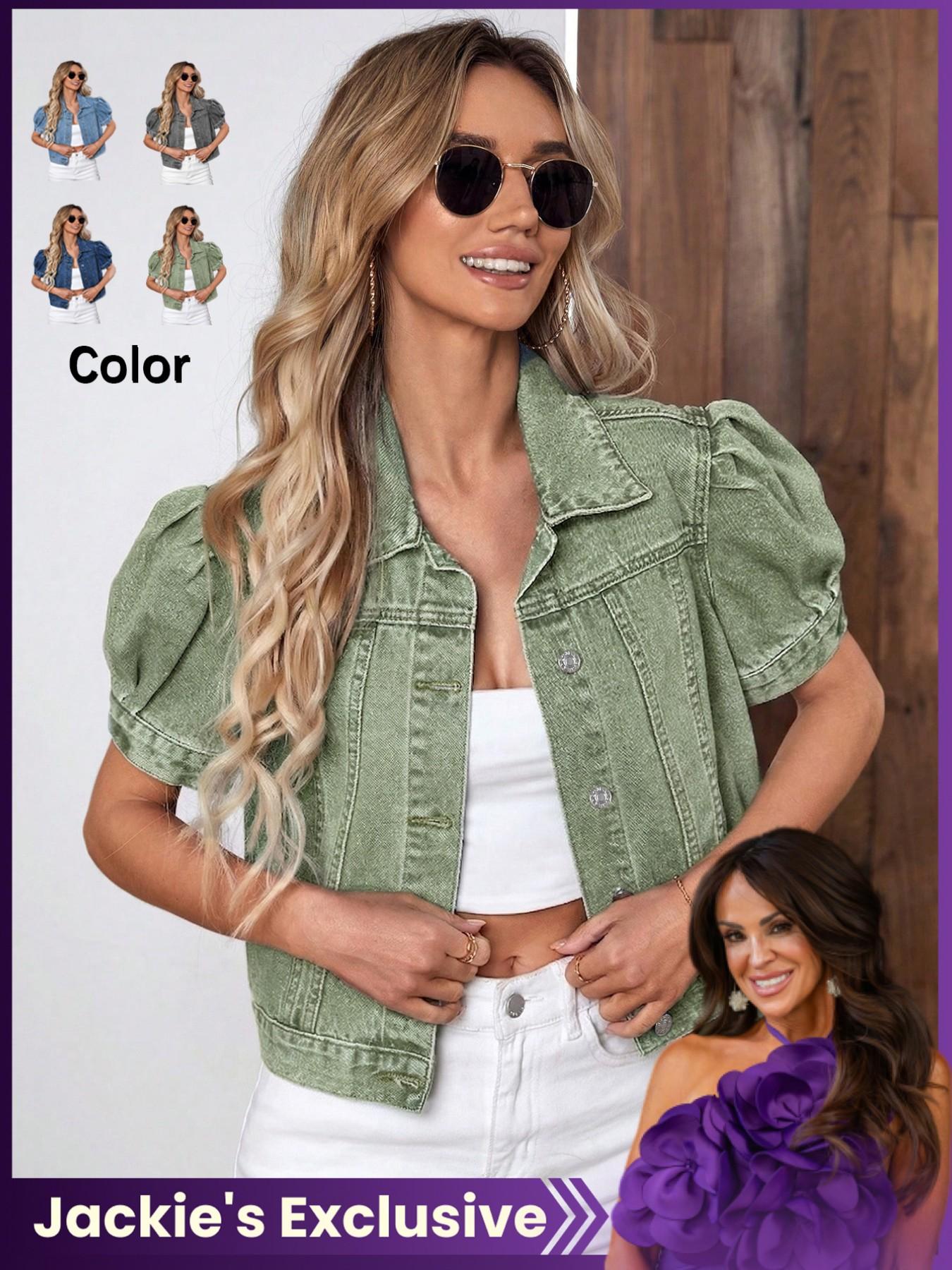 【Jackie's Exclusive】Women's Vintage Bubble Sleeve Denim Jacket, Summer Thin High Waist Crop Top, Casual Fashionable Short Jean Coat for Women