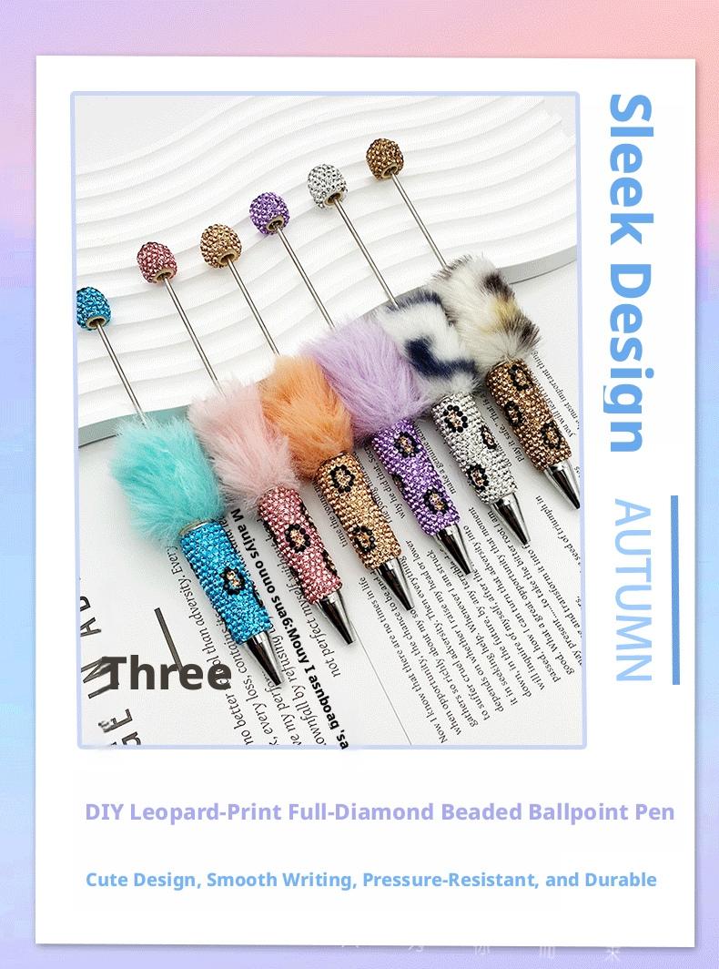 5PCS Leopard Print Full Diamond Fur Ball Bead Pen Creative DIY Beadable Cute Dot Pen Handmade Leopard Fur Heavy Metal Round Tip Pen