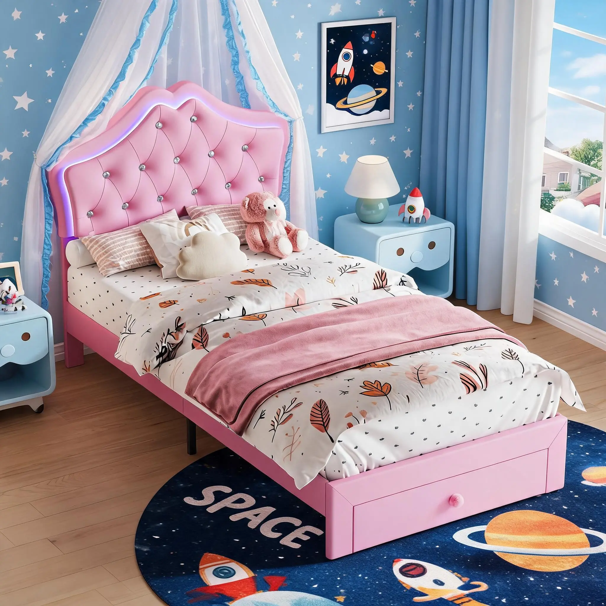 Twin/Full Size Bed Frame for Girls with Storage Drawers & LED Lights, Upholstered Platform Bed, Velvet Crystal Button Princess Bed, Noise-Free Slats, No Box Spring Needed for Kids, Teens