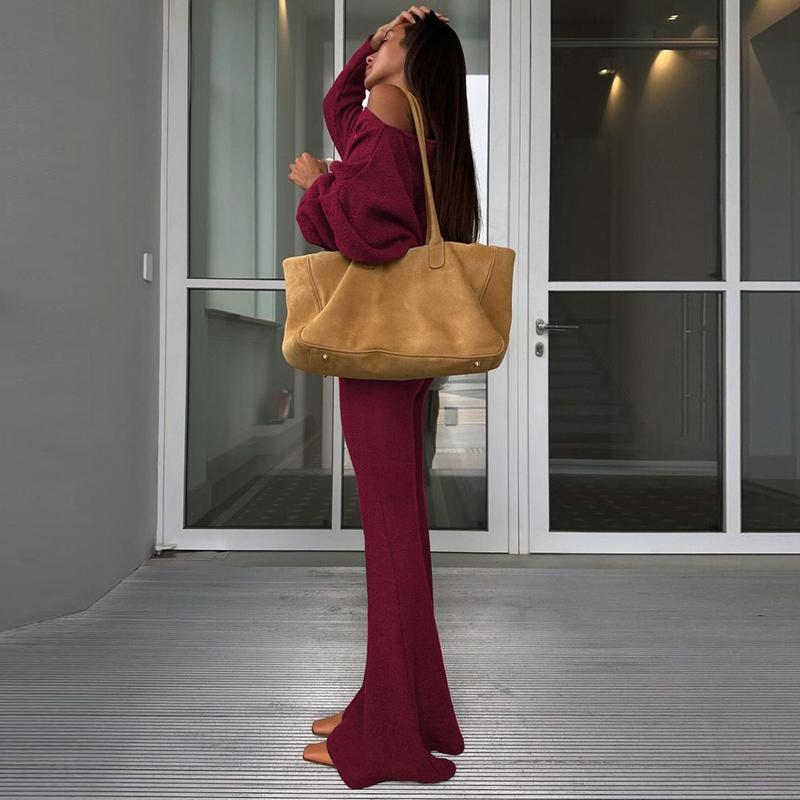 Women's Solid Asymmetrical Neck Top & Flare Leg Pants Set, Casual Drop Shoulder Long Sleeve Top & Trousers, Women's Fall & Winter Clothes for Everyday Wear, Casual Loungewear Set