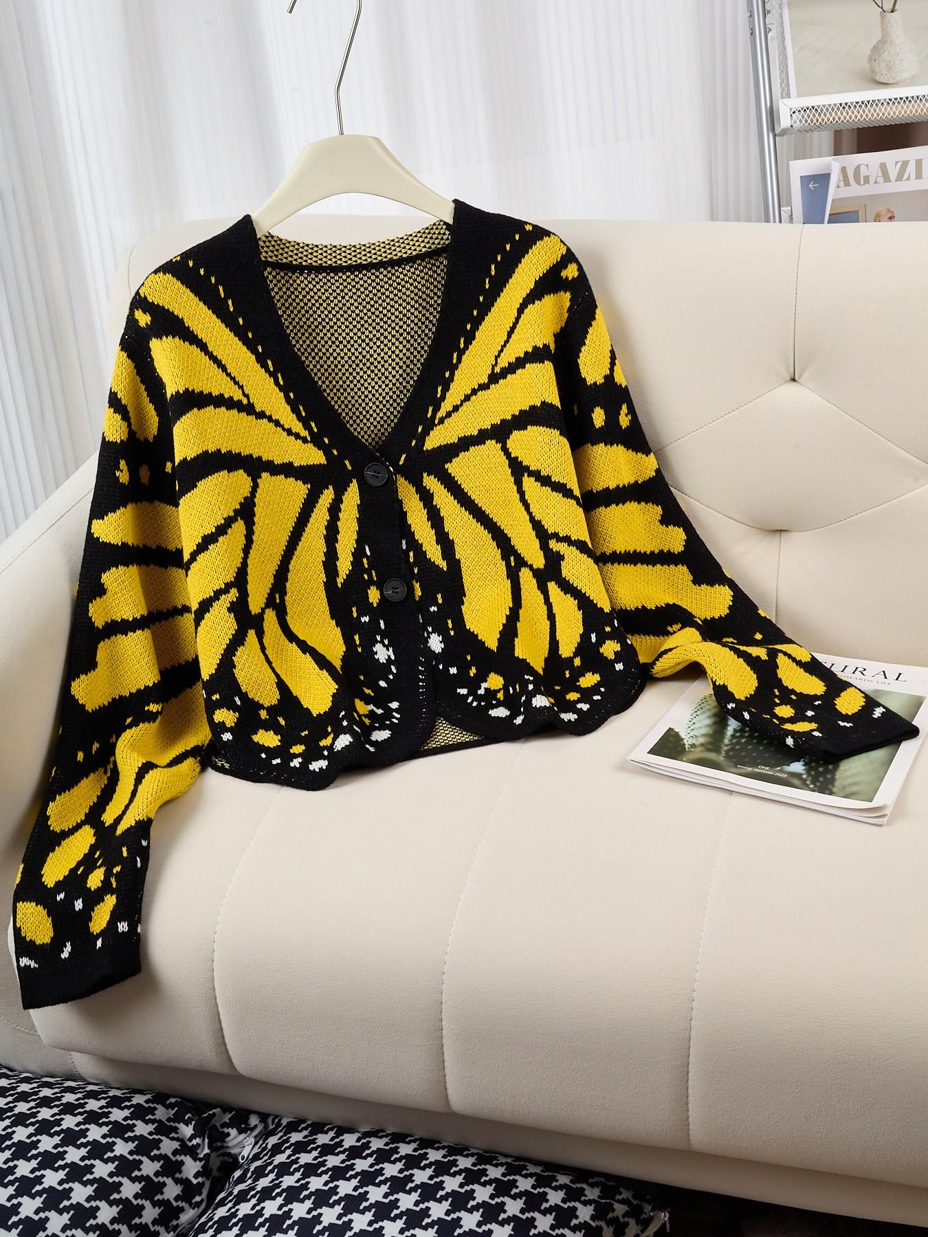 Women's Butterfly Pattern Knit Cardigan, V-Neck Button Long Sleeve Short Coat, Fall Sweater Jacket for Travel, Outdoor Picnics, Knitwear