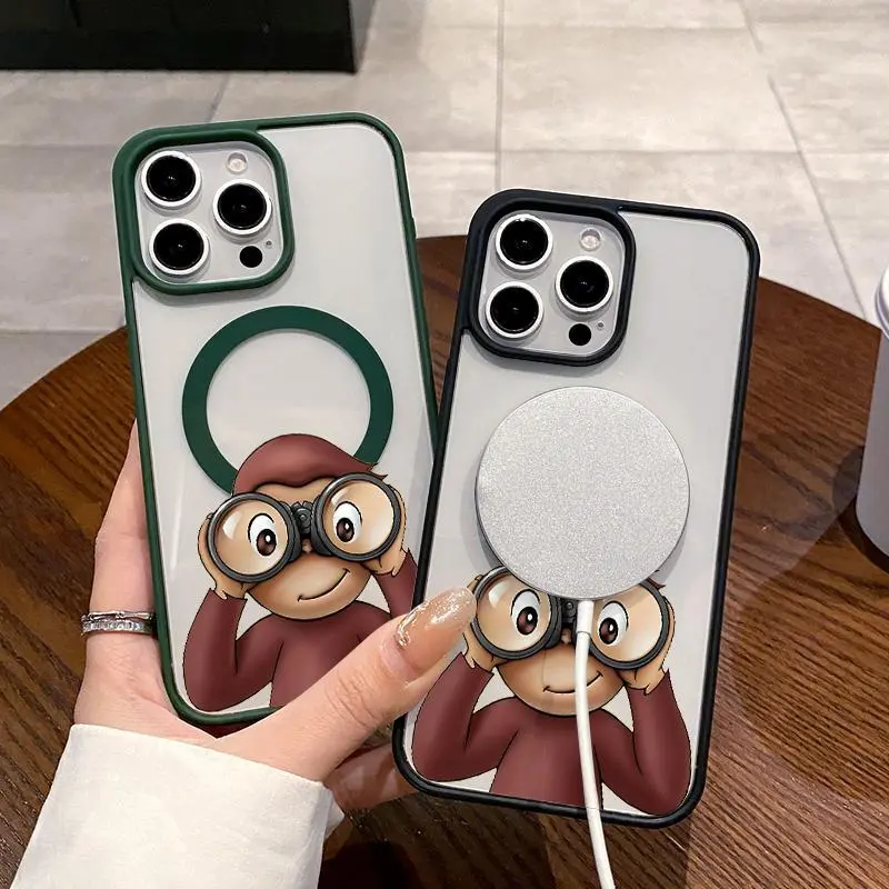 Cute cartoon phone case with Curious George design, compatible with iPhone 17 Pro Max, 16 Plus, 15, 14, 13, 12, and 11, supports MagSafe magnetic function.QXE833 i̇phone  pro  max  cases