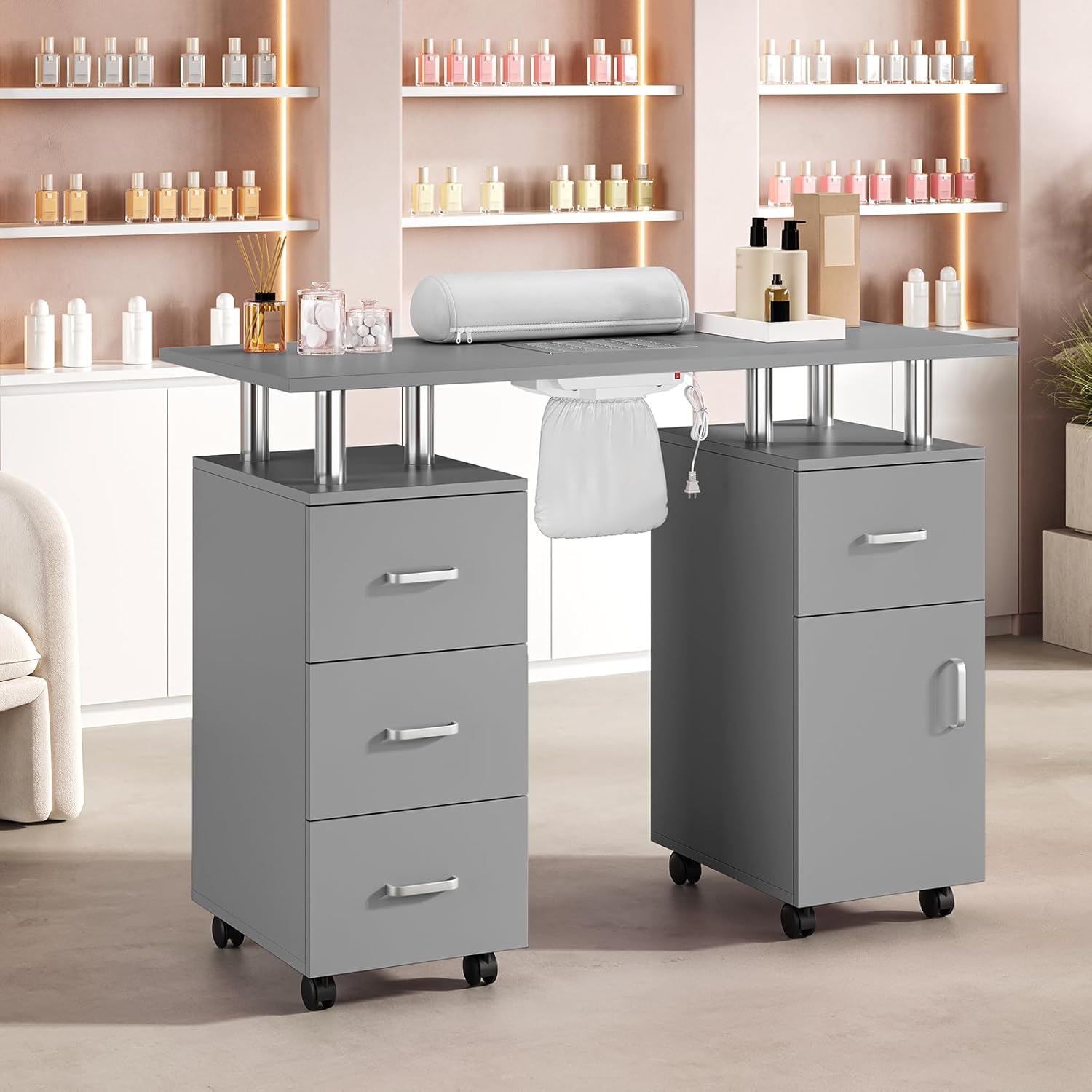 Professional Nail Desk with Electric Dust Collector, Nail Tech Table for Salon & Home Use, 4 Drawers Storage Cabinet, Lockable Wheels & Arm Rest