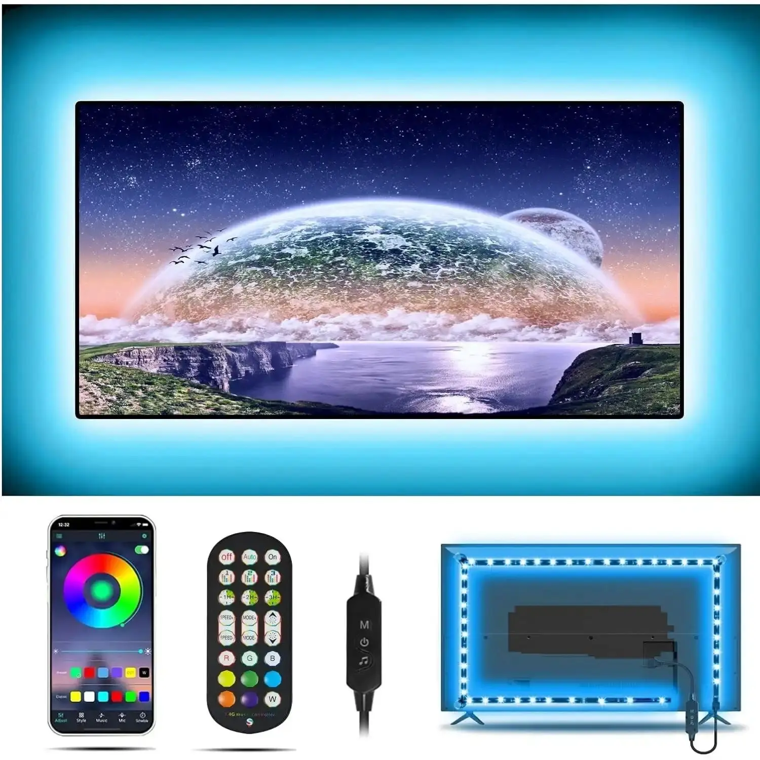 13.1ft LED TV Backlight for 46-60in TVs - RGB Color Changing LED Strip Lights with Music Sync, APP and Remote Control - Perfect for Bedroom and Christmas - USB Powered