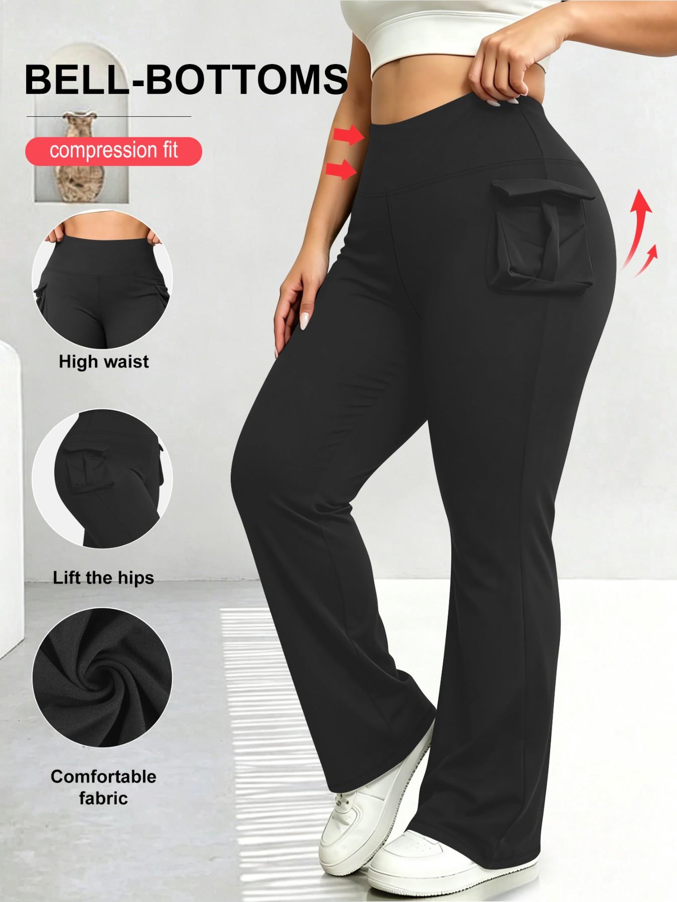 Plus Size High Waist Workwear Pocket Flare Pants, Tummy Control Butt Lift Yoga Pants, Side Pocket Sporty Flare Long Pants, High Elasticity, Active Leggings, Flare Legging