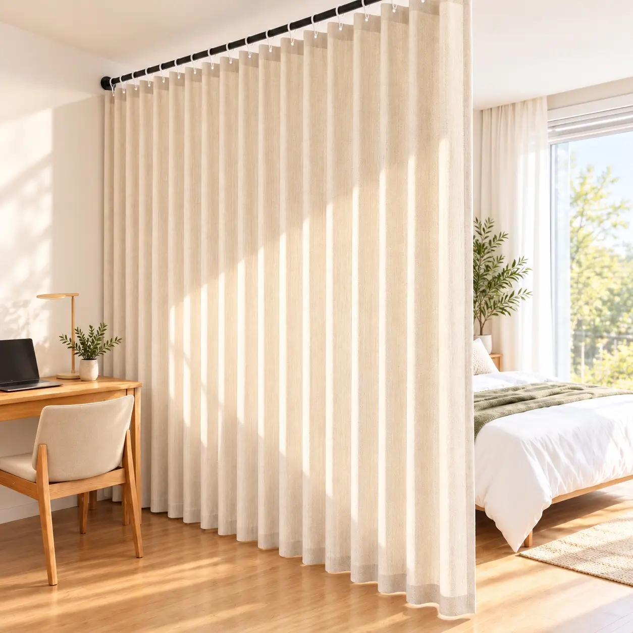 No-Drill Foldable Room Divider Curtain with Hooks, Pleated Privacy Partition for Bedroom, Apartment & Home Office, Renter-Friendly Space Separator (Rod Not Included)