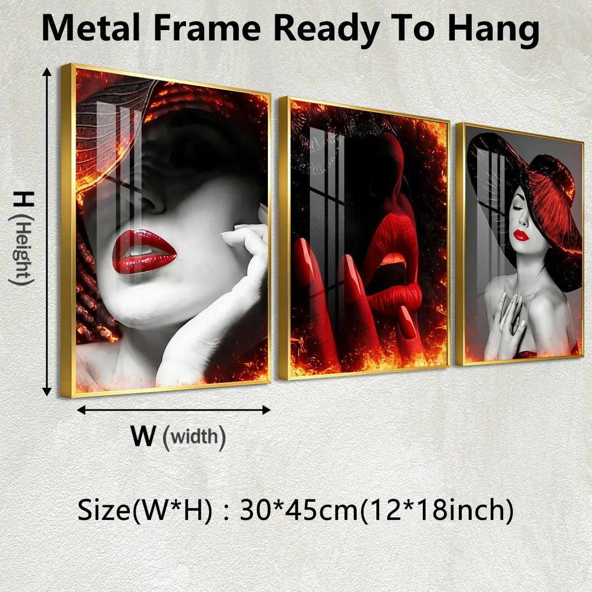 3 Counts Aluminum Alloy Framed Painting, Abstract Red Lips And Black Hat Lady Pictures, Home Decoration For Living Room, Bedroom, Office, Restaurant, Hallway Wall Decor, Odorless Print Artwork, Luxury Perfect Gift For Friends And Family