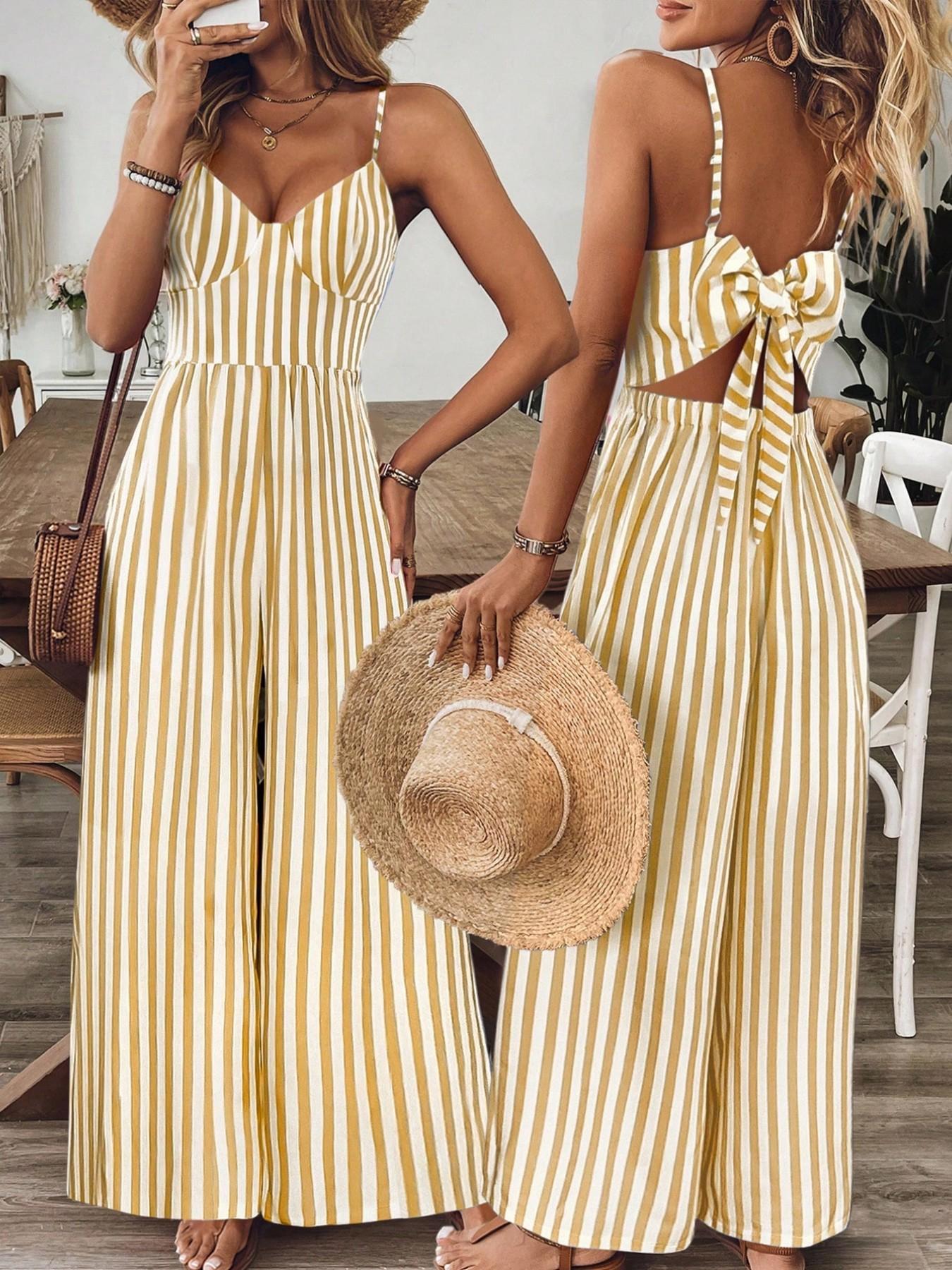 Women's All Over Print Jumpsuit, 1 Count Elegant Casual Bohemian Boho Style Sleeveless High Waist Cami Spaghetti Strap Jumpsuit for Summer, Women's Jumpsuit for Beach Holiday, Casual Summer Jumpsuits, Fitted Sleeveless Jumpsuit