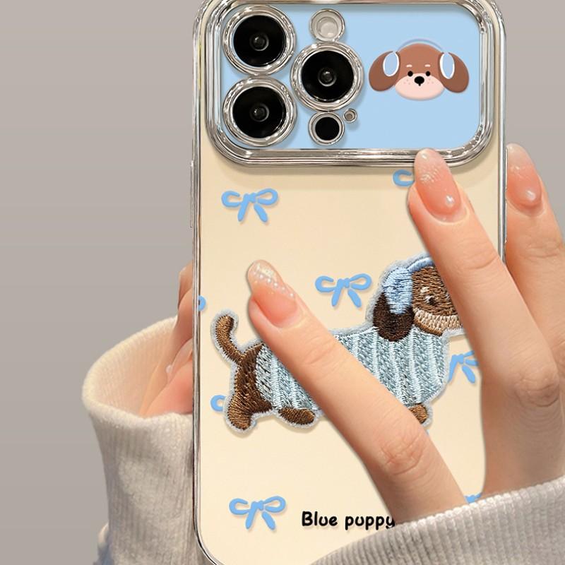 Cute Embroidered Dachshund Phone Case for iPhone 17 Pro Max/17 Pro/17 Air/17, Electroplated Silicone Shockproof Cover with Bling Wrist Strap, Blue Puppy Bowknot Design Protective Case for Women Girls