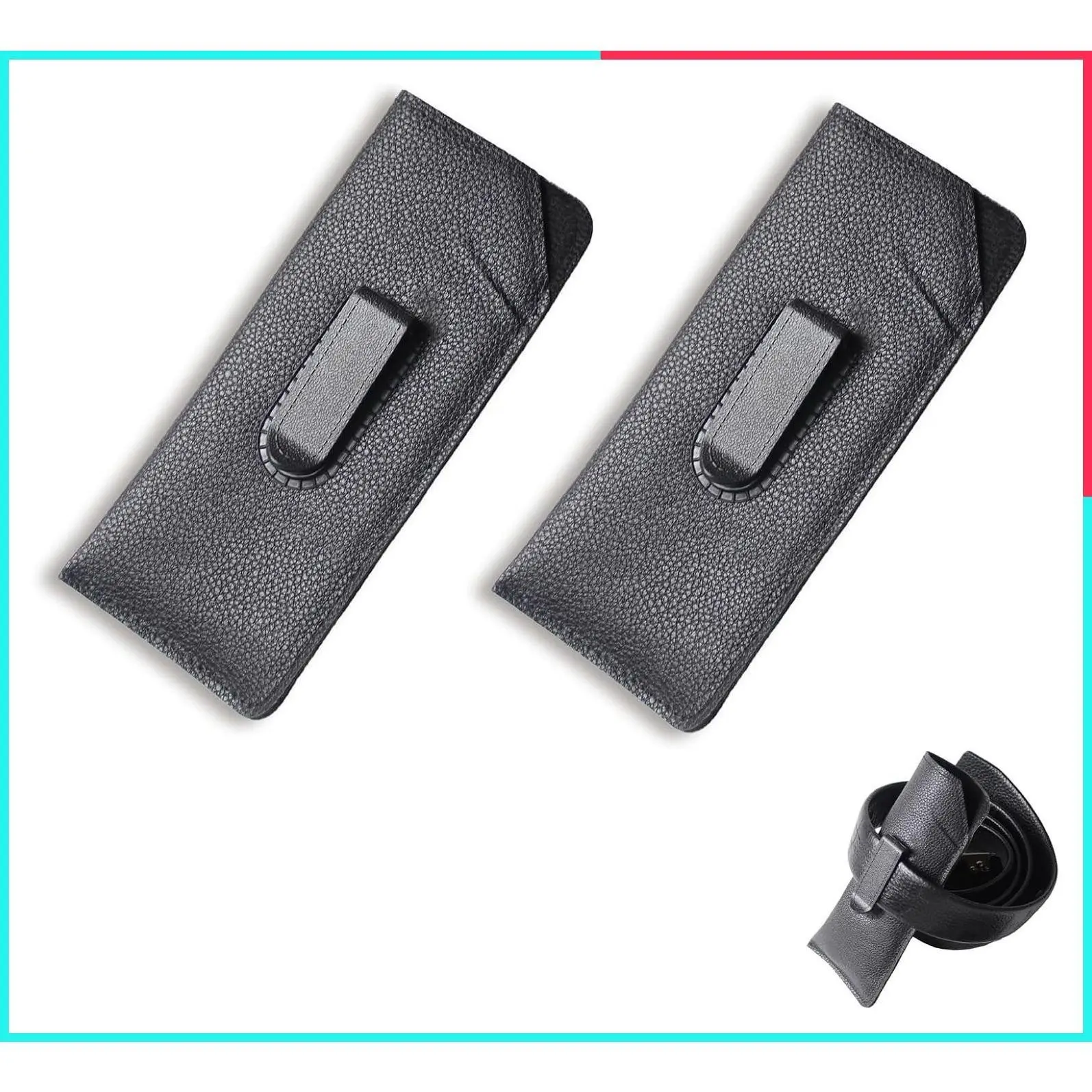 2-Pack Soft Black Leather Eyeglass Case with Clip and Belt Loop Holder, Protective Sunglasses Pouch with Slide-In Pocket for Men