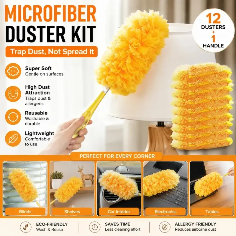 Duster Refills with Handle,Static Dust Removal Brush Kit Disposable Replacement Head Compatible with Swiffer ve