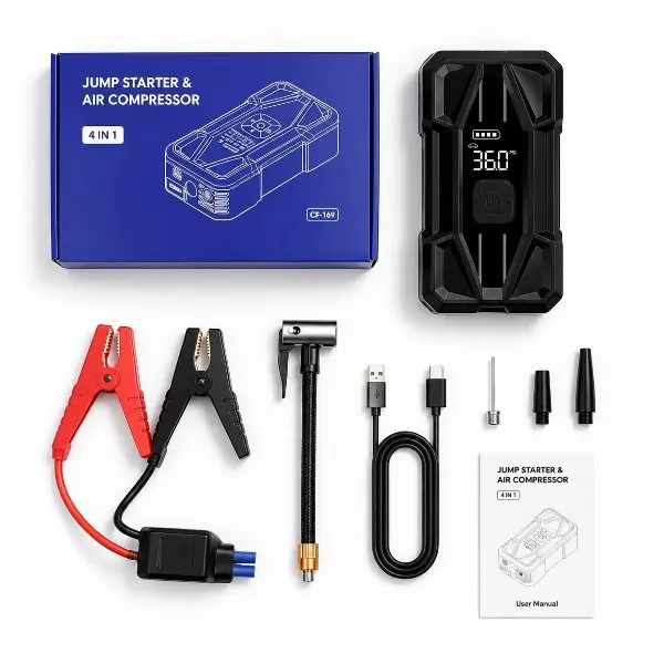 Portable Car Battery Jump Starter 1000A - 4-in-1 Roadside Emergency Kit with 150PSI Air Compressor, Tire Inflator, 10000mAh Power Bank, LED Light, Batteries, Travel Size Design, USB Cable for Outdoors
