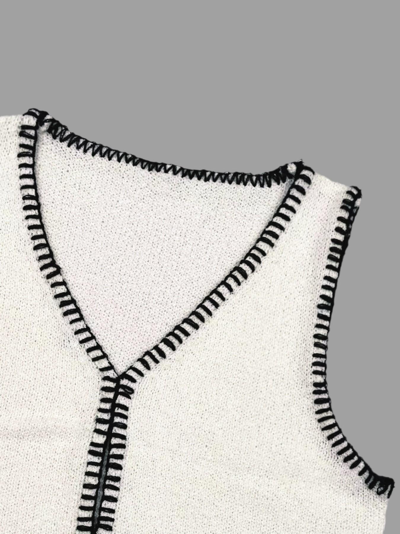 Fashion Sexy Summer Knitted Colorblock Edge Breathable Sleeveless Vest, Slim-Fitting Long Outer Vest, Trendy No-Placket Design