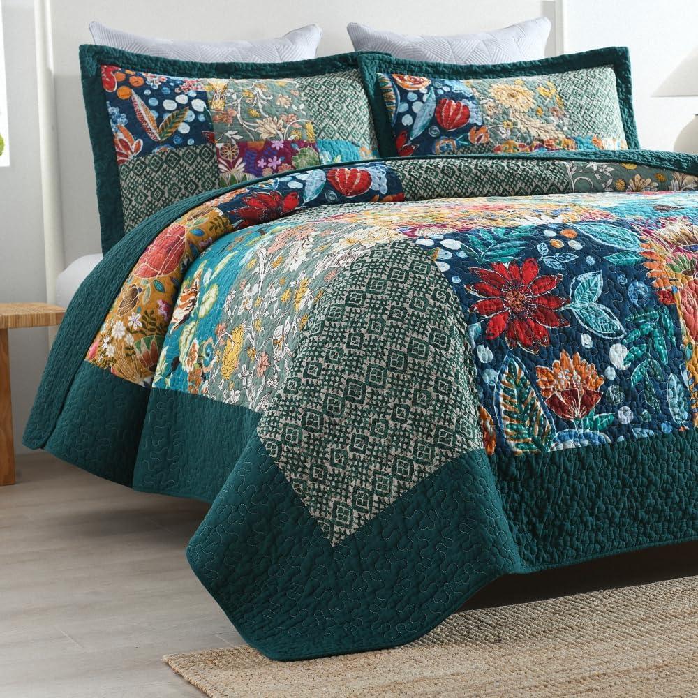 Bedspread Quilt Sets Reversible Bedding Coverlet Sets Comforters, Patchwork  Floral Turquoise Bedspread,  Size