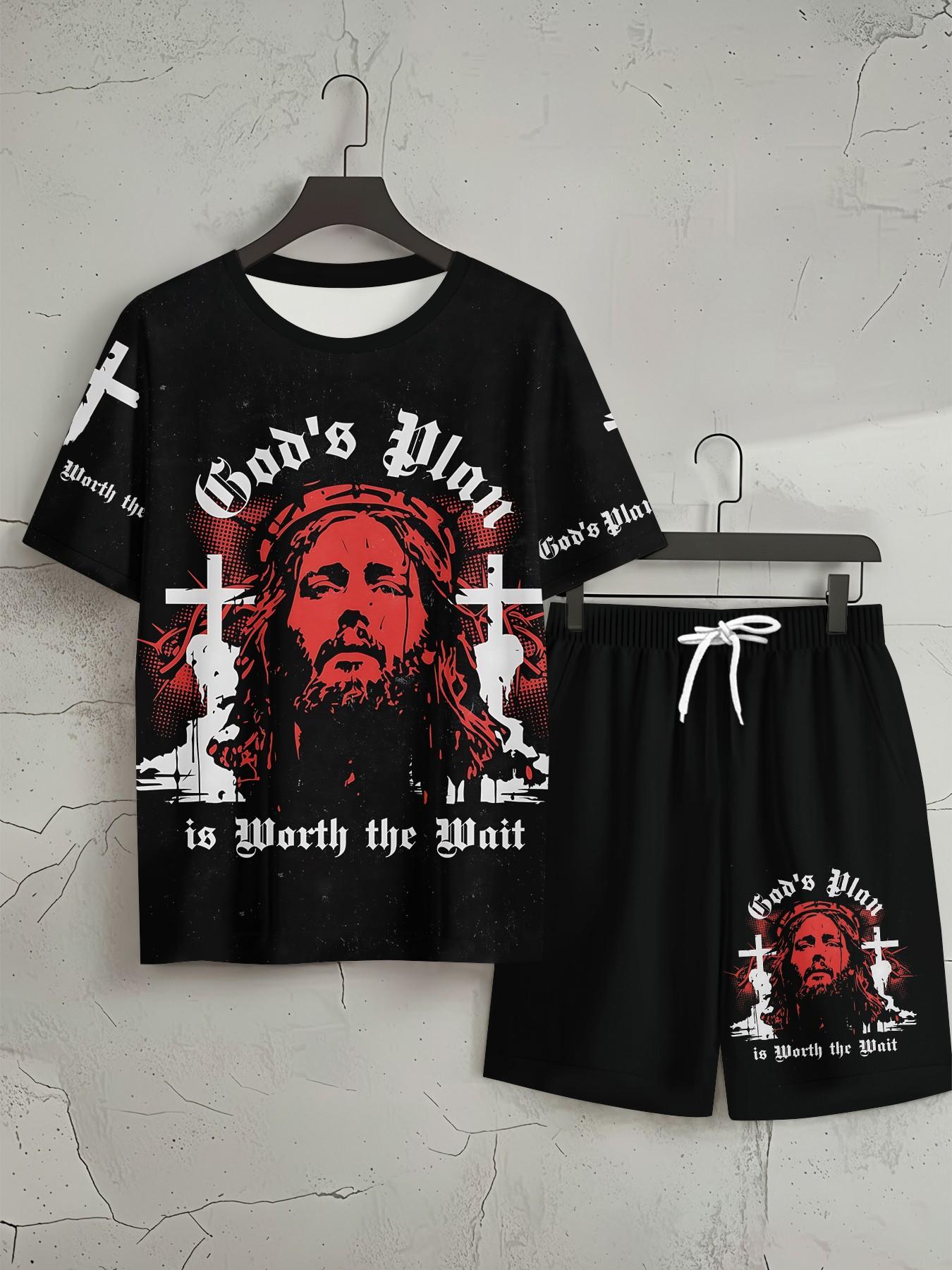 Men's 3D Digital Print Two-Piece Set, Religious Style Jesus Cross Red and Black Print Trendy Men's Set, Vacation Style Trendy Outfit, Breathable Sports Leisure Style, Perfect Holiday Gift for Men