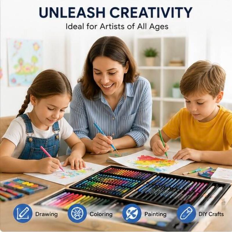 180-Piece Wooden Art Set, Dual-Layer Wood Box, Non-Toxic Washable, DIY Tools for Kids, School Art Supplies, Birthday Gift Box