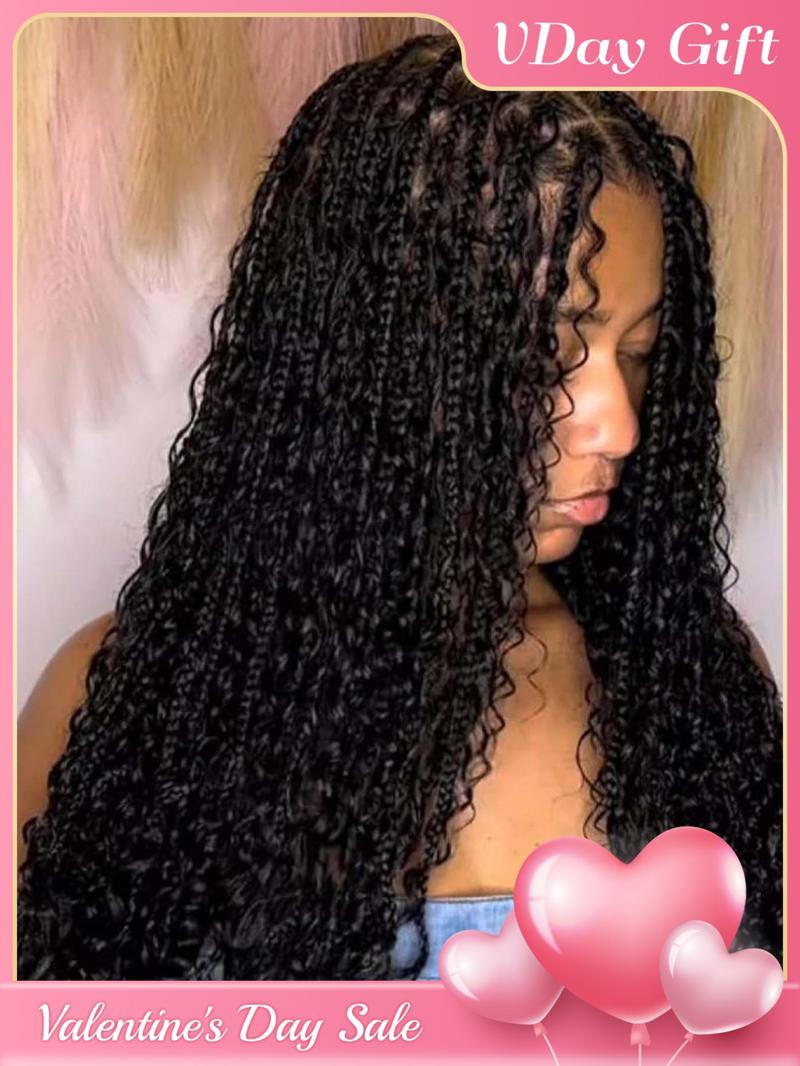 33 Inch Black Full Lace Front Box Braided Wig with Curly Hair Distressed Knotless Braided Wigs for Women, Synthetic Braided Lace Wigs for Party, Daily Use, Wigs That Look Like Real Hair, Kinky Curly Wigs