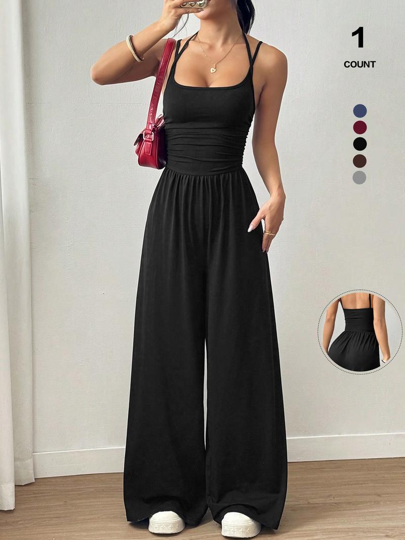 2026 Women's Sleeveless Halter Jumpsuit, Ruched Waist Wide-Leg Palazzo Jumpsuit with Pockets
