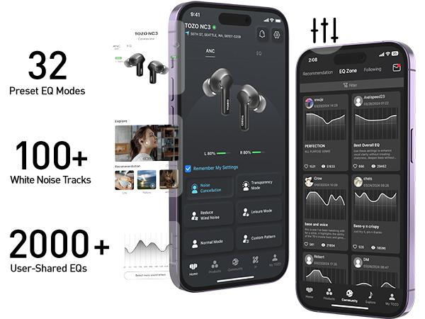 TOZO-NC3 Hybrid Active Noise Cancelling Wireless Earbuds, 6 Mics ENC Clear Call, 55H Long Playtime, 32 Preset EQs via APP, Bluetooth 5.3 Headset, IPX8 Waterproof, in-Ear Headphones with LED Display Audio Electronic