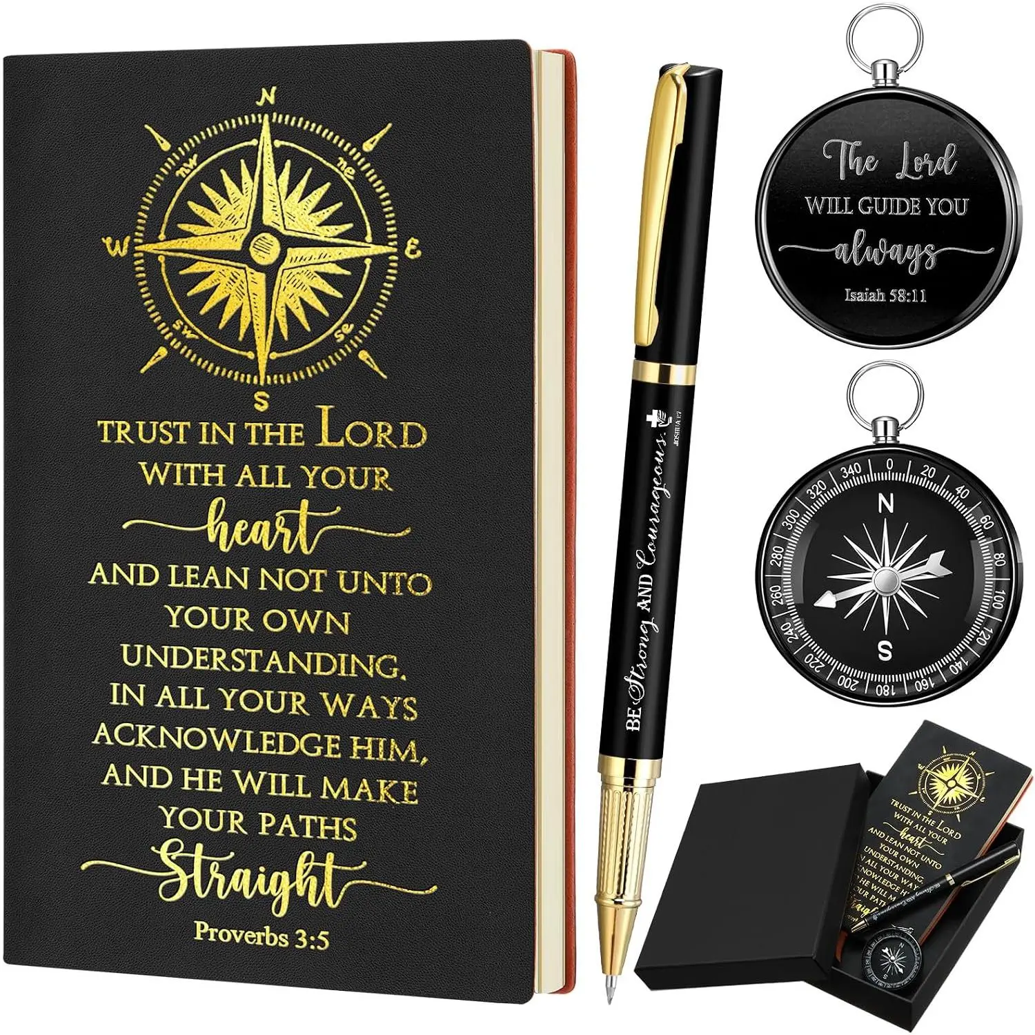 4 count Baptism  Set for Men First Communion  Include Christian Journal  Notebook Engraved Compass and Religious Catholic Pen for Church Pastors Sunday School Vbs