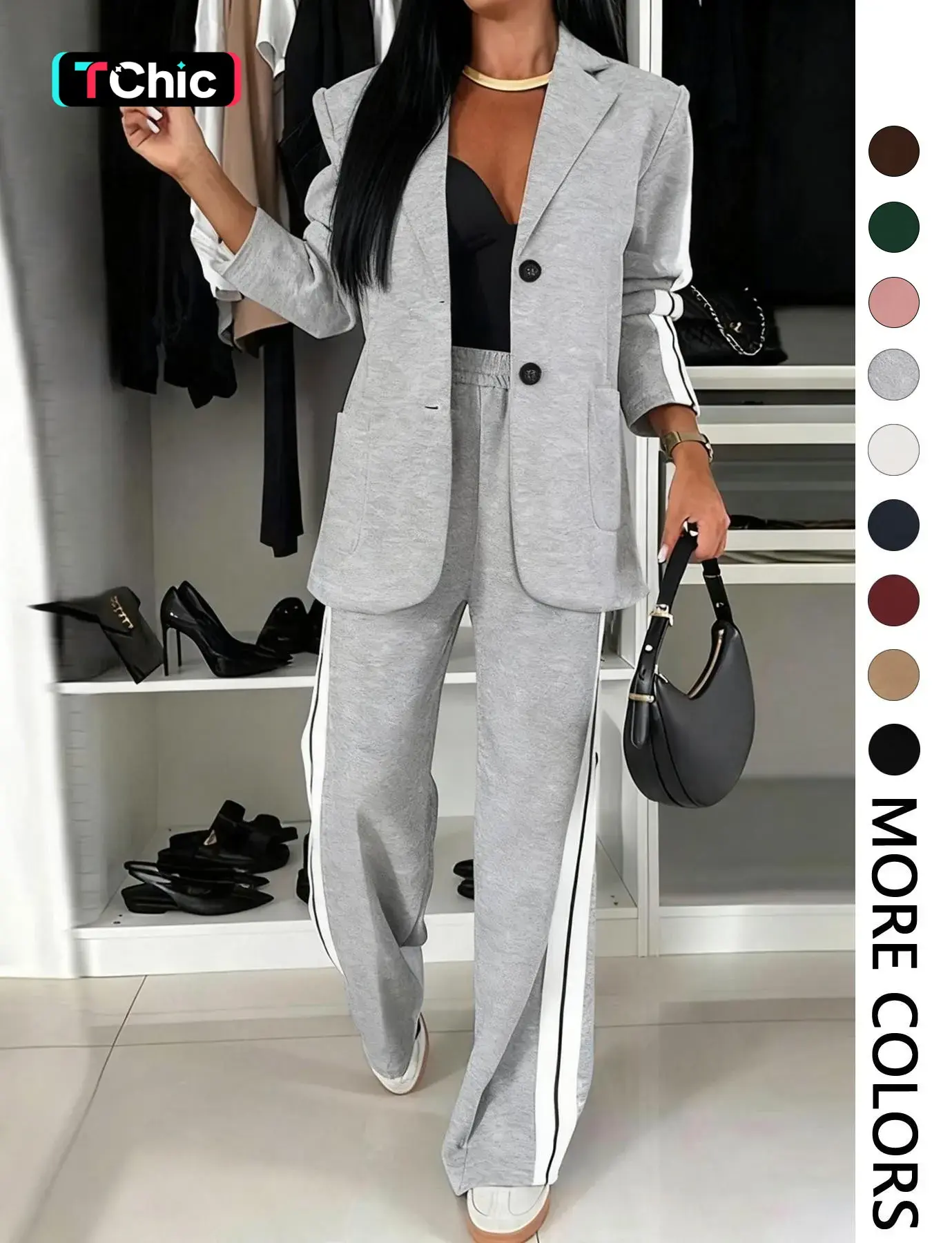 Women's Fall Winter Suit Set, Blazer + Wide Leg Striped Pants, Casual Daily Wear, Home & Outdoors Essential, Includes Pockets