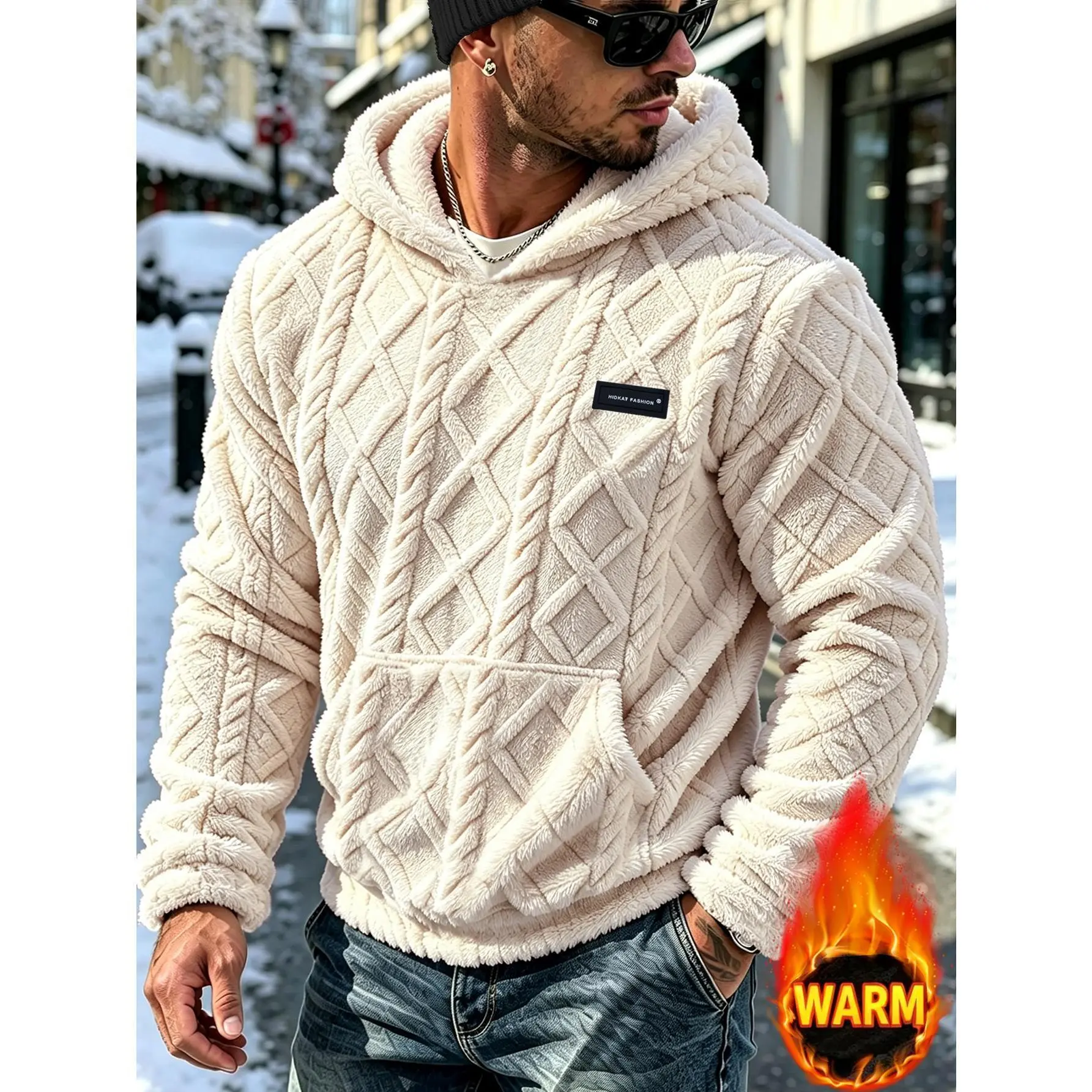 Men's Plush Hooded Loose Hoodie with Kangaroo Pockets, Soft and Fluffy Jacquard Fabric, Suitable for Daily Casual Wear, A Great Gift