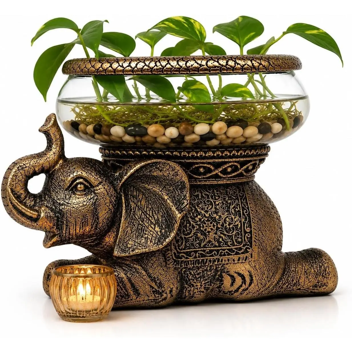 Good Luck Antique Gold Elephant Terrarium Bowl with Removable Glass Dome | Elephant Figurine Succulent Planter, Candle Holder, Air Plant Display, Zen Home DecorGift