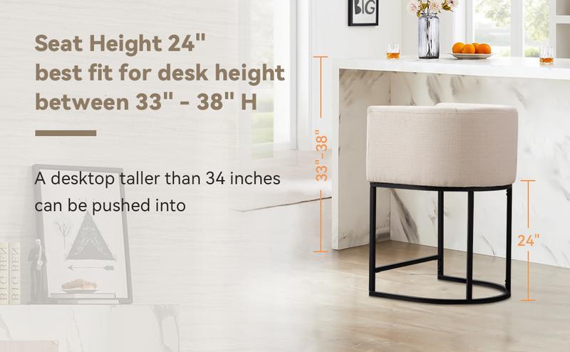 CHAIRUS  Counter Height Bar Stools, 24'' Modern Barrel Counter Height Stools, Linen Barstool with Backrest and Arms,Bar Chairs with Black Metal Frames and Footrest,Upholstered Accent Bar Stools for Kitchen Island, Dining Room,Cream
