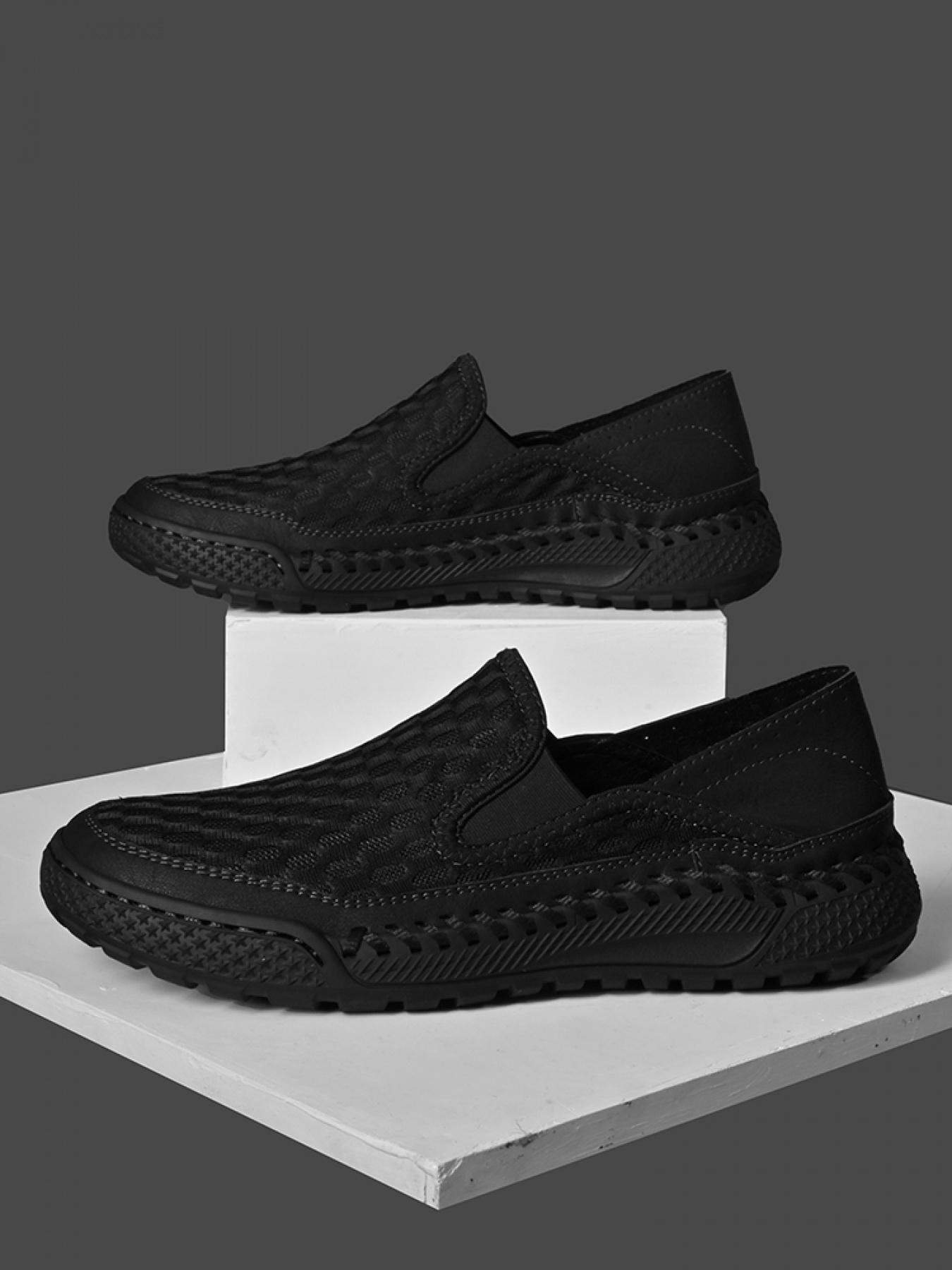 Men's Solid Color Mesh Breathable Slip-On Loafers, Soft Sole Anti-Slip Hand-Stitched Walking Shoes, Lightweight Casual Dad Shoes