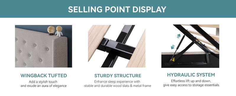 HOOMIC Lift-Up Storage Bed Frame【Frame Only No Mattress】- Modern Wingback Headboard with Hydraulic System & Upholstered Platform,Wood Slat Support,Light Beige/Grey/Yellow/Black/White,No Box Spring Needed,Full/Queen/King