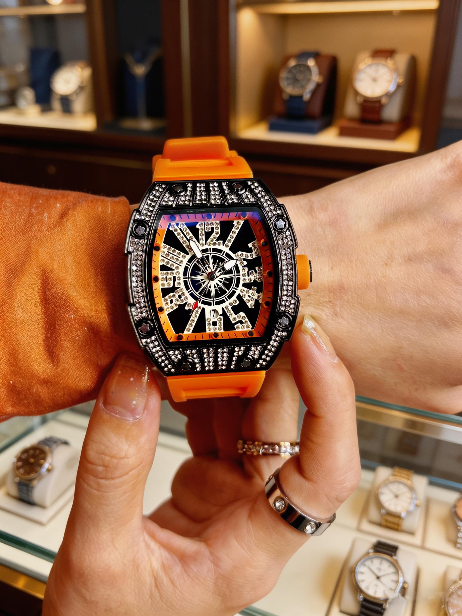 Men's Oversized Watch Colorblock Design, Compass Large Dial, Hip Hop Street Style, Sporty Full Diamond Barrel Shape Men's Wristwatch, Casual Watch