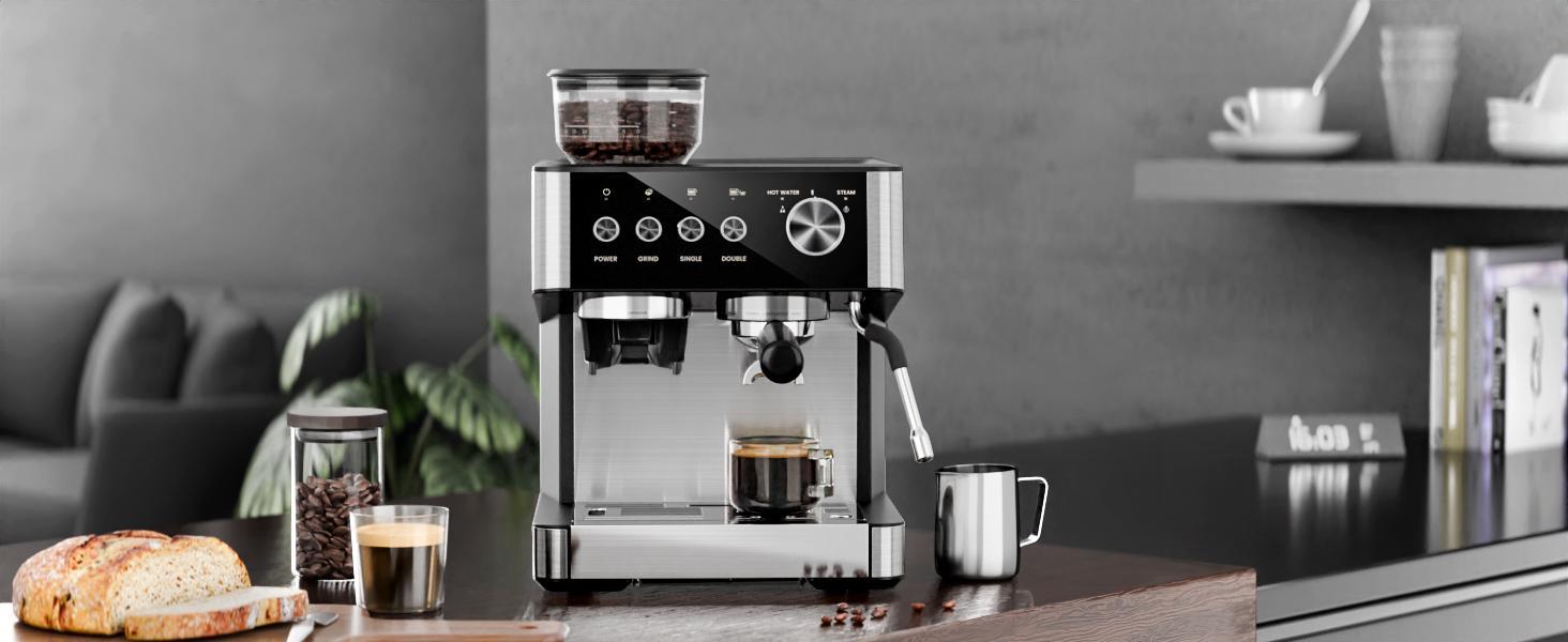 20-Bar Professional At-Home Espresso Machine with Coffee Grinder, 12+Cup Capacity, Removable Water Tank, Automatic Milk Frother, Timer, Descaling Function, 1500W Motor, US Plug - For Latte, 12 Cups & Above