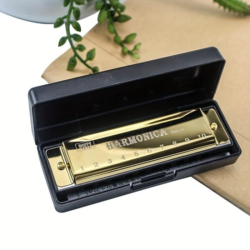 10 Hole Harmonica C Key, Durable Plastic Polished Finish, Includes Protective Case, Ideal Gift for Beginners, Gold Silver Colors Available