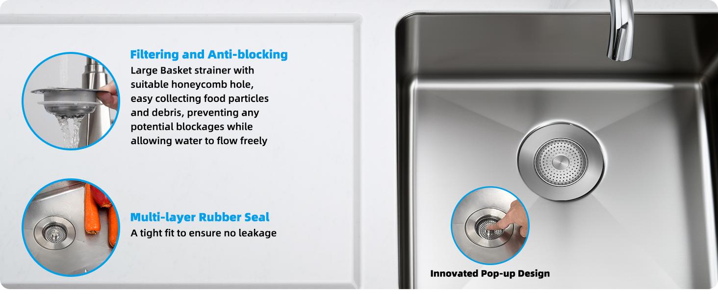 Hibbent All Metal Stainless Steel 3 in 1 Kitchen Sink Drain Strainer and Stopper Combo, Upgraded Sink Stopper, Anti-Clogging Stainless Steel Basket Strainer with Handle for US Standard 3-1/2" Drain