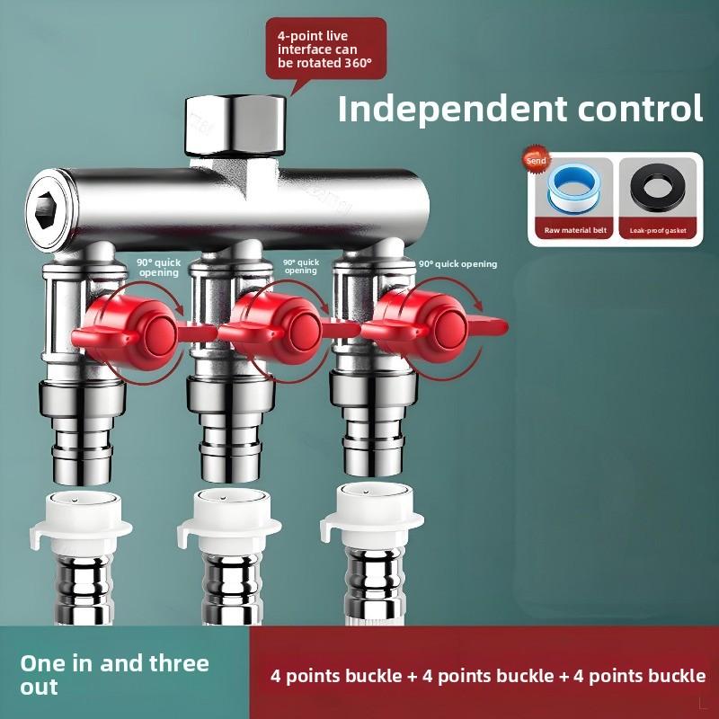 No need to disassemble the original faucet. Washing machine faucet splitter, one inlet three outlets with switch, 6-point quick-install buckle water diverter valve